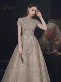 Luxury Lace Long Evening Dresses With Short Sleeves Beaded Elegant Formal High Neck A-Line Wedding