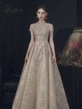 Luxury Lace Long Evening Dresses With Short Sleeves Beaded Elegant Formal High Neck A-Line Wedding