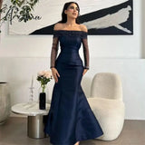luxury Mermaid evening dresses Formal Evening Dresses Off The Shoulder Glitter Long Sleeves Party Gowns Pleats Prom Dress
