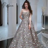 Luxury Silver Sequins Celebrity Dress Sexy Spaghetti Strap A-Line Sleeveless Floor Length Glitter