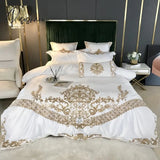 Luxury White 60S Satin Cotton Royal Gold Embroidery 4/5Pcs Bedding Set Soft Smooth Duvet Cover Bed