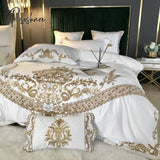 Luxury White 60S Satin Cotton Royal Gold Embroidery 4/5Pcs Bedding Set Soft Smooth Duvet Cover Bed