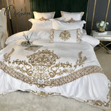 Luxury White 60S Satin Cotton Royal Gold Embroidery 4/5Pcs Bedding Set Soft Smooth Duvet Cover Bed