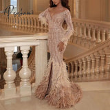 Mermaid Split Lace Appliqued Sequins Long Sleeves V Neck Evening Dress Elegant Luxury Dresses 2024