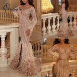 Mermaid Split Lace Appliqued Sequins Long Sleeves V Neck Evening Dress Elegant luxury Evening dresses 2024