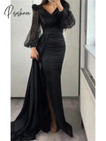 Mermaid / Trumpet Evening Gown Sexy Dress Formal Court Glittering Sheer Tulle Tiered Split Long