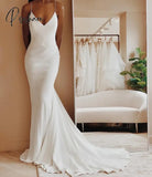 Modern Simple Satin Wedding Dress V-Neck Spaghetti Straps Backless Formal Pleat Bridal Growns