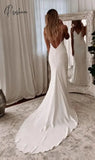 Modern Simple Satin Wedding Dress V-Neck Spaghetti Straps Backless Formal Pleat Bridal Growns