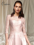 Mother Of The Bride Dress Elegant Jewel Neck Tea Length Lace Satin Half Sleeve With Pleats Vestidos