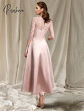 Mother Of The Bride Dress Elegant Jewel Neck Tea Length Lace Satin Half Sleeve With Pleats Vestidos