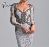 Mother Of The Bride Dresses Mermaid V-Neck Long Sleeves Silver Lace Beaded Evening Gowns