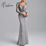 Mother Of The Bride Dresses Mermaid V-neck Long Sleeves Silver Lace Beaded Mother Dresses Evening Gowns