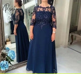 Navy-Blue Mother Of The Bride Dresses A-line 3/4 Sleeves Chiffon Appliques Beaded Groom Evening Gown For Wedding