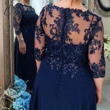 Navy-Blue Mother Of The Bride Dresses A-Line 3/4 Sleeves Chiffon Appliques Beaded Groom Evening