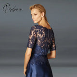 Navy Blue Mother Of The Bride Dresses Lace Appliques Half Sleeves A-Line Satin Plus Size Wedding