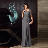 New Elegant Gray Lace Mother Of The Bride Dresses Jewel Neck Beaded With Half Sleeves Wedding Guest