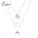 New Fashion Retro Moon World Map Circle Pendant Multilayer Necklace Party Charm Jewelry Accessories