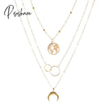 New Fashion Retro Moon World Map Circle Pendant Multilayer Necklace Party Charm Jewelry Accessories