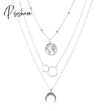 New Fashion Retro Moon World Map Circle Pendant Multilayer Necklace Party Charm Jewelry Accessories