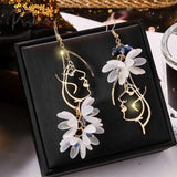 New Korean Flower Asymmetrical Dangle Earrings For Women Long Tassel Butterfly Imitation Pearl Cat