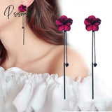 New Korean Flower Asymmetrical Dangle Earrings For Women Long Tassel Butterfly Imitation Pearl Cat