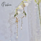 New Korean Flower Asymmetrical Dangle Earrings For Women Long Tassel Butterfly Imitation Pearl Cat