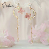 New Korean Flower Asymmetrical Dangle Earrings For Women Long Tassel Butterfly Imitation Pearl Cat