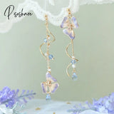 New Korean Flower Asymmetrical Dangle Earrings For Women Long Tassel Butterfly Imitation Pearl Cat