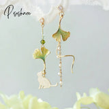 New Korean Flower Asymmetrical Dangle Earrings For Women Long Tassel Butterfly Imitation Pearl Cat