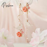 New Korean Flower Asymmetrical Dangle Earrings For Women Long Tassel Butterfly Imitation Pearl Cat