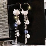 New Korean Flower Asymmetrical Dangle Earrings For Women Long Tassel Butterfly Imitation Pearl Cat