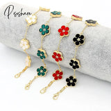 New Korean Sweet Five Leaves Flower Bracelets For Women Charm Double Sided Flowers Metal Bracelet