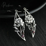 New Lotus Silver Color Earrings Elf Jewelry Fashion Floral Design Ladies Pendant Gift Dark Green