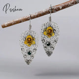 New Lotus Silver Color Earrings Elf Jewelry Fashion Floral Design Ladies Pendant Gift Rust Red