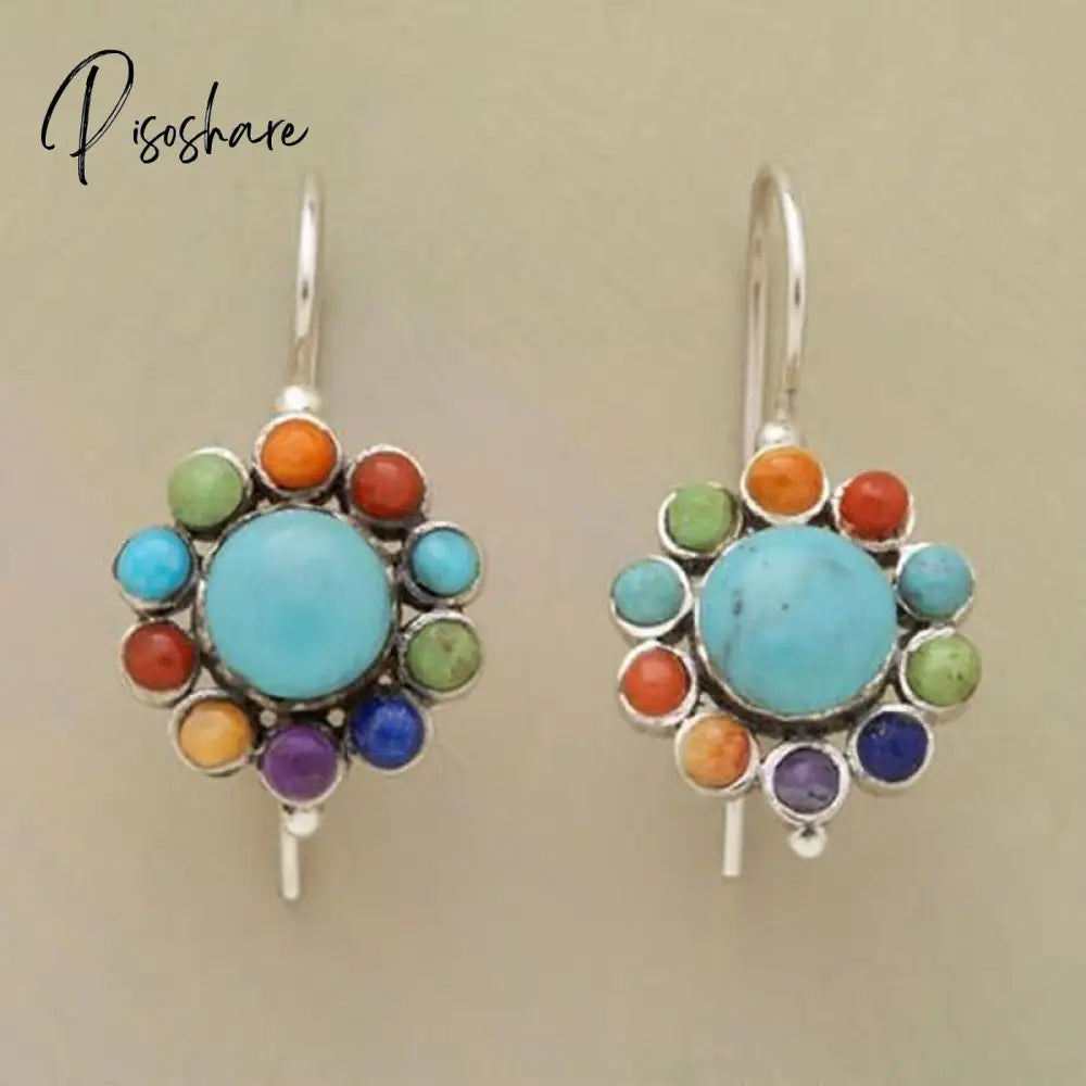 New Vintage Silver Color Metal Multicolor Green Stone Round Earrings Ethnic Personality Drop For