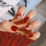 New Years Nails 24Pcs/Box Christmas Elk Snowflake Fake Artificial Short Round Press On Acrylic Tips