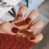 New Years Nails 24Pcs/Box New Christmas Elk Snowflake Fake Nails Artificial Short Round Press on Acrylic Nails Tips Coffin Nail with Glue