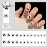 New Years Nails 24Pcs/Box Christmas Elk Snowflake Fake Artificial Short Round Press On Acrylic Tips