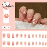 New Years Nails 24Pcs/Box Christmas Elk Snowflake Fake Artificial Short Round Press On Acrylic Tips