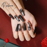 New Years Nails 24Pcs Marble Gradient Long Coffin False Full Cover Nail Tips Press Glue Detachable