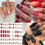 New Years Nails Christmas False Nail Manicure Acrylic Artificial Nail Decor Press On Nails Snowflake Gingerbread Man Full Cover 24PCS