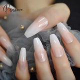 Ombre French Tip Extra Long Ballerina Shape False Press On Natural Nails White Gradient Nude Coffin