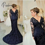 On Sale Classic Dark Navy Lace Mermaid Mother Of The Bride Dresses Long Sleeve V Neckline Wedding