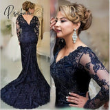 On Sale Classic Dark Navy Lace Mermaid Mother Of The Bride Dresses Long Sleeve V Neckline Wedding