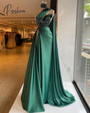 One Shoulder Dubai Satin Evening Dresses Long 2023 Luxury Bead Feather Shawl High Slit Green Women