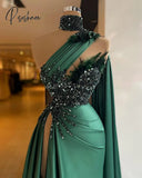 One Shoulder Dubai Satin Evening Dresses Long 2023 Luxury Bead Feather Shawl High Slit Green Women