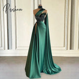 One Shoulder Dubai Satin Evening Dresses Long 2023 Luxury Bead Feather Shawl High Slit Green Women