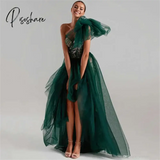 One Shoulder Elegant Evening Dresses A Line High Low Lace Appliques Beads Prom Gowns Women Dark Green Tull Formal Party Dress