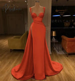 Orange Silk Satin Mermaid Sweetheart Sleeveless Floor Length Side Slit Evening Dress Robes De