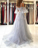 Party Dresses Elegant Pretty Long Prom Spaghetti Strap Puff Cap Sleeves Appliques Tulle A-Line